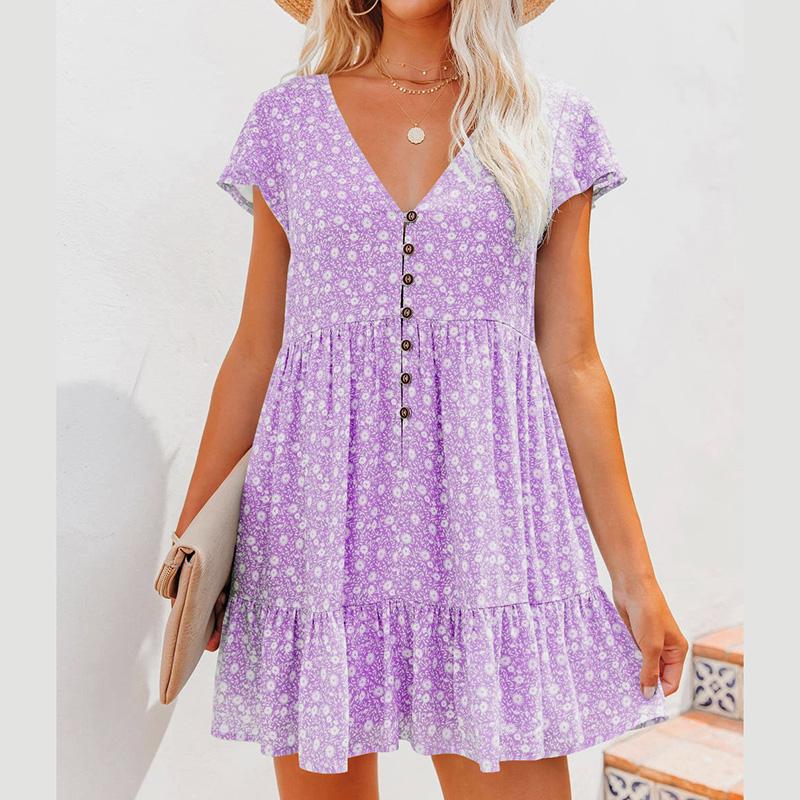 Женское летнее свободное праздничное цельное платье с коротким рукавом и V-образным вырезом с цветочным принтом