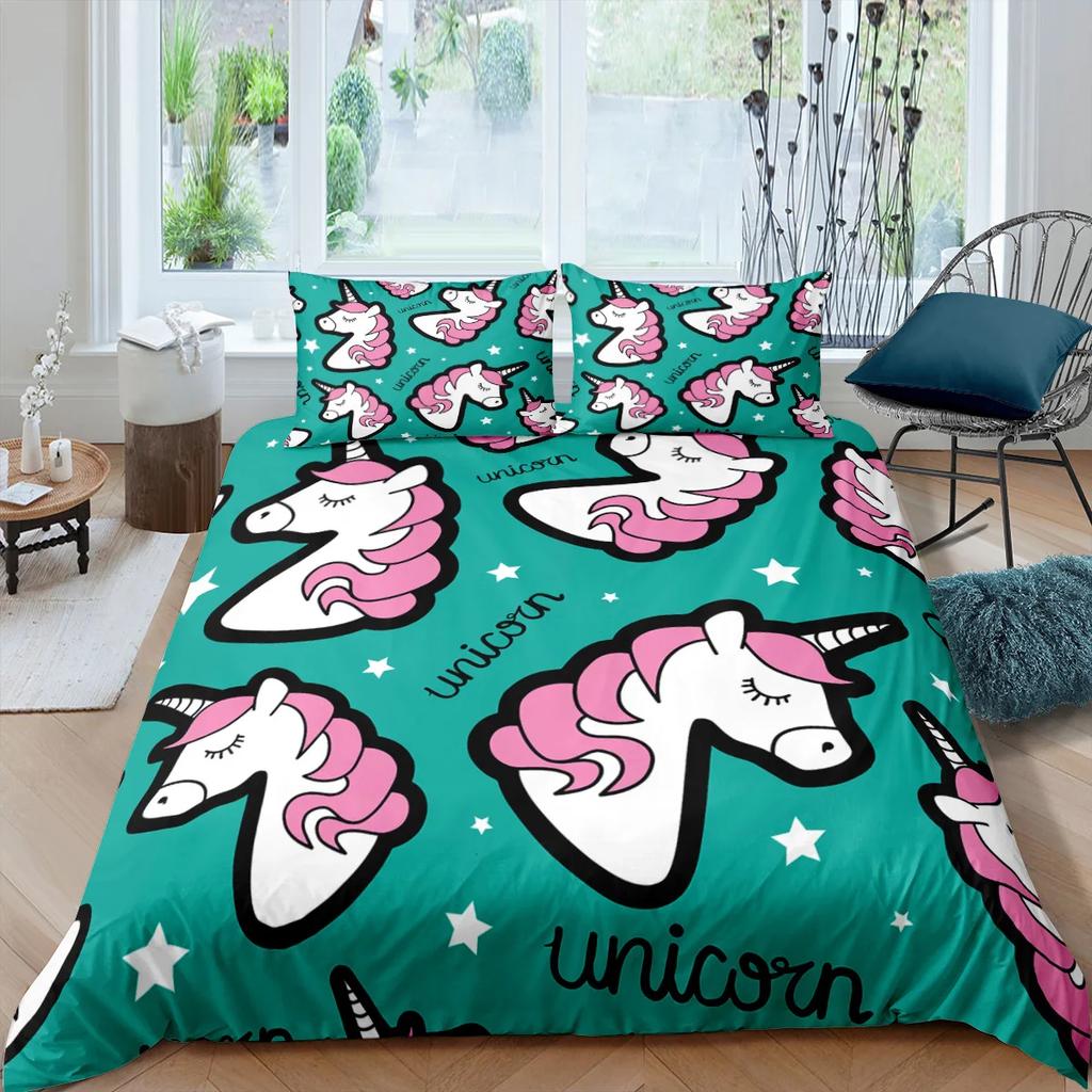 Unicorn Bedding Set King Queen White Pink Unicorn Duvet Cover For Girls Boys Dreamy Cartoon Sparkle Lilac Polyester Quilt Cover