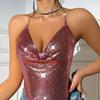 Women Sequin Sling Tops Halter Sleeveless Backless Short Vest with Metal Chain