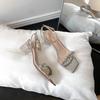 Silver Rhinestone Sandals Women's Thick Heel Summer with Skirt Fashion Word with Transparent Crystal High Heels