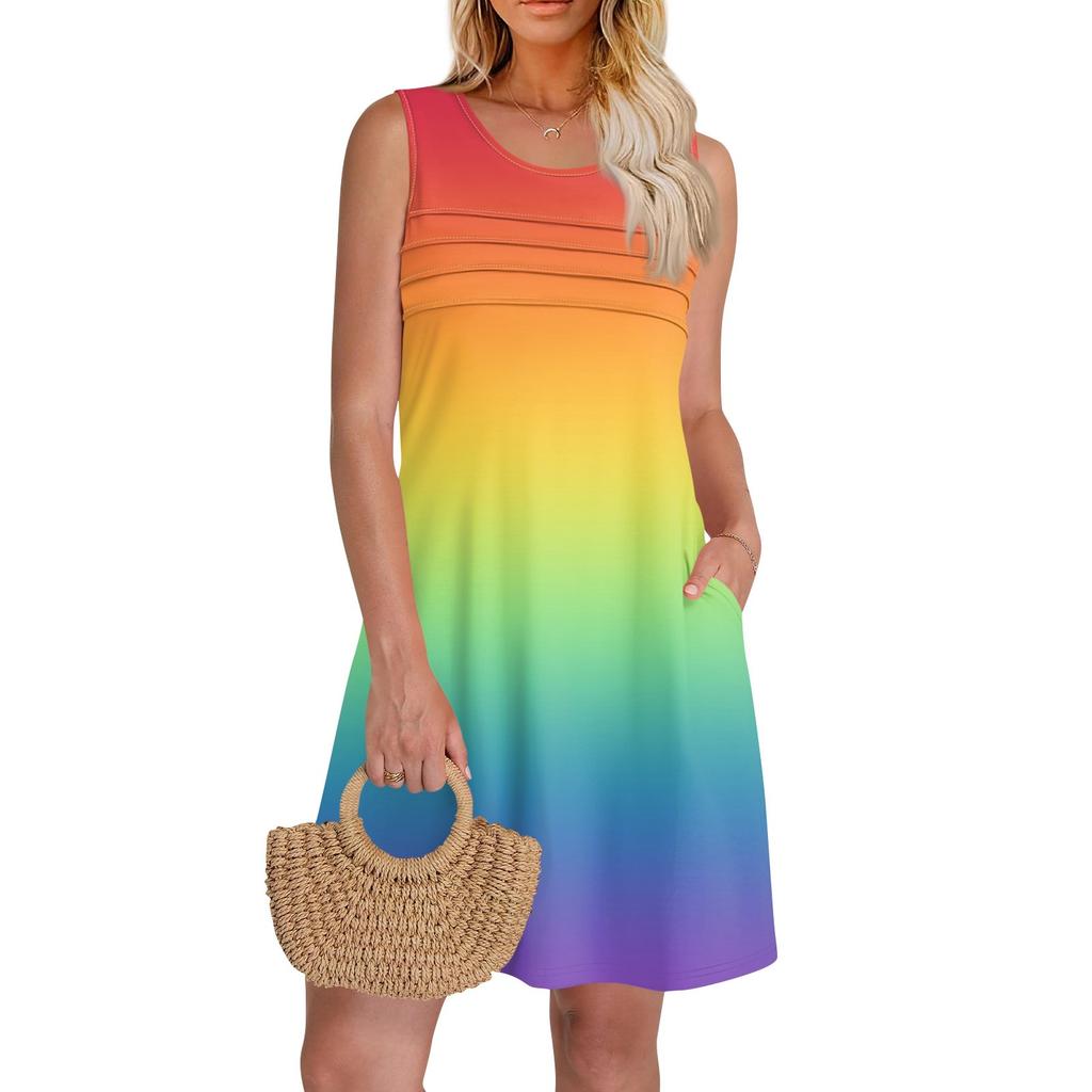 Женские летние платья с круглым вырезом, плиссировкой спереди, без рукавов, карманами, сарафаном, повседневным платьем