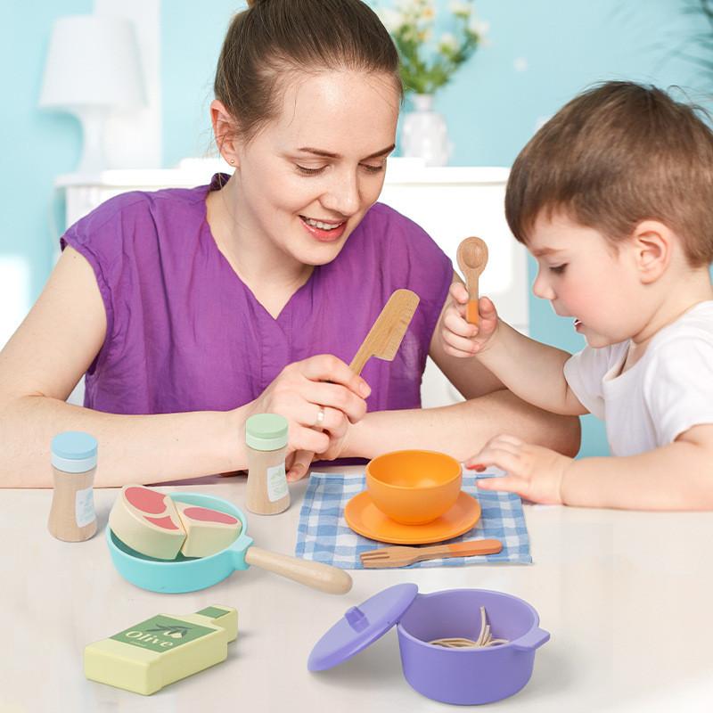Деревянная Имитация Цветной Набор Кухонной Утвари для Послеобеденного Чая Детские Игрушки для Творческой Ролевой Игры