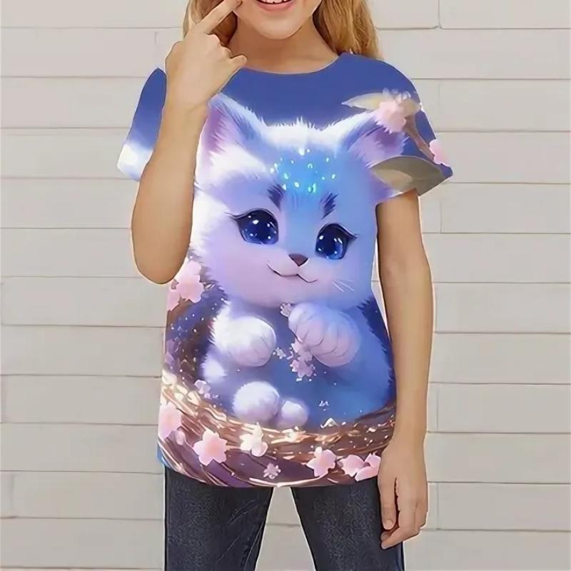 Детские футболки с милым принтом мультяшного котенка, модные, мягкие и удобные для девочек