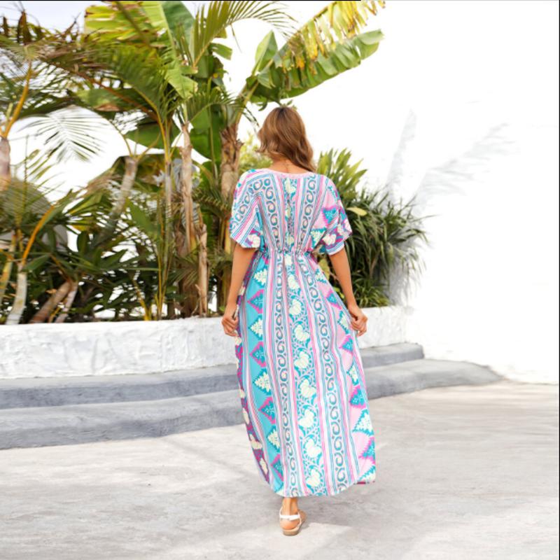 Накидки на бикини, богемное кимоно с принтом, зеленая туника, женская пляжная одежда больших размеров, Глубокий v-образный вырез спереди, открытое макси-платье, купальный костюм, накидка