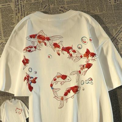 Футболка в стиле ретро, китайская, с принтом карпов кои, из чистого хлопка, с короткими рукавами, свободного кроя, для мужчин и женщин, летняя новинка 2025 года.