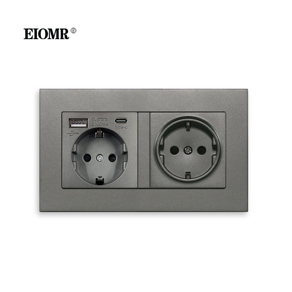 EIOMR EU Настенная розетка с портом Type C 5V 2.1A 146мм, 86мм Огнестойкая панель из ПК 16A 220V Стандарт ЕС USB-розетка