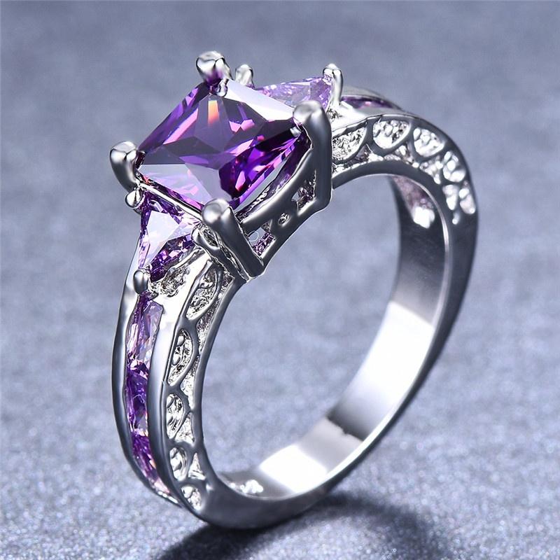 Fashion Women Zinc Alloy Princess Cut Purple Glass Wedding Ring Party Jewelry Gifts Size 5 6 7 8 9 10 11 ARI