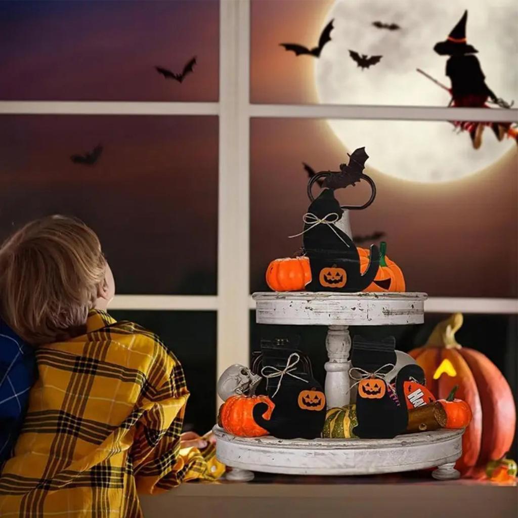3 Halloween Cat Wood Table Cards, Halloween Tiered Tray Decorations, Rustic Halloween Tabletop Block Signs, Fall Centerpieces For Halloween Home