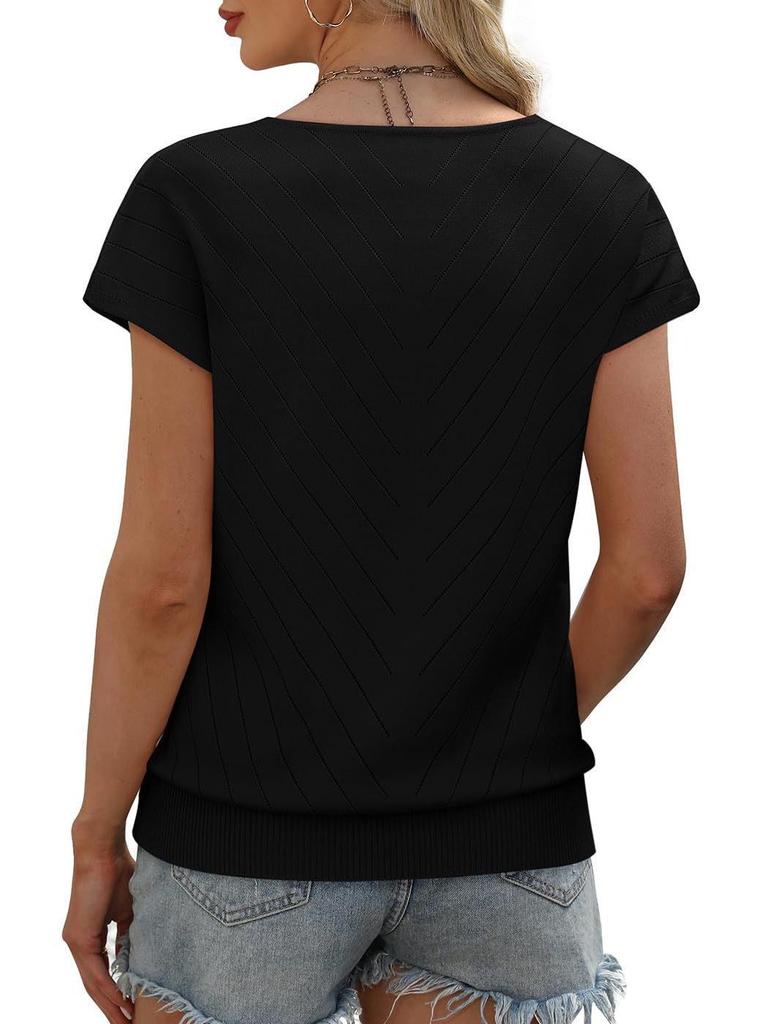 Летний горячий тренд 2026 года Пляжный отдых Короткий рукав V-образный вырез Ажурный повседневный вязаный свитер для женщин