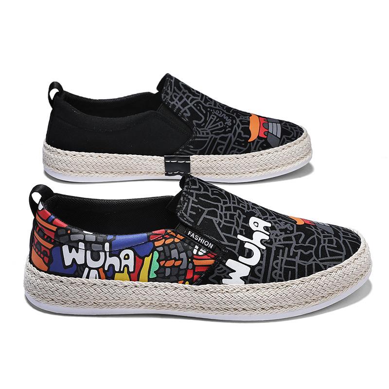 Мода 2022 Черные Летние Слипоны с Принтом Мужские Холщовые Туфли Дышащие Платформа Плоская Подошва Для Мужчин Комфортные Мужские Лоферы Повседневные