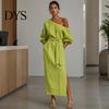 Daily Wear Dress Women One Shoulder Long Dress, Solid Color Tie Waist Side Split Everyday Dresses Casual Party Sleeve Maxi for Summer Office