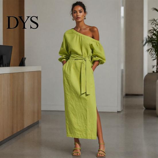 Daily Wear Dress Women One Shoulder Long Dress, Solid Color Tie Waist Side Split Everyday Dresses Casual Party Sleeve Maxi for Summer Office