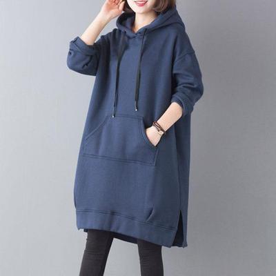 Женская толстовка с капюшоном на осень-зиму с большим карманом, завязками на шнурке, разрезом по низу, однотонная, свободная, длиной до колена, толстый верх, плюшевый пуловер, повседневная толстовка с капюшоном