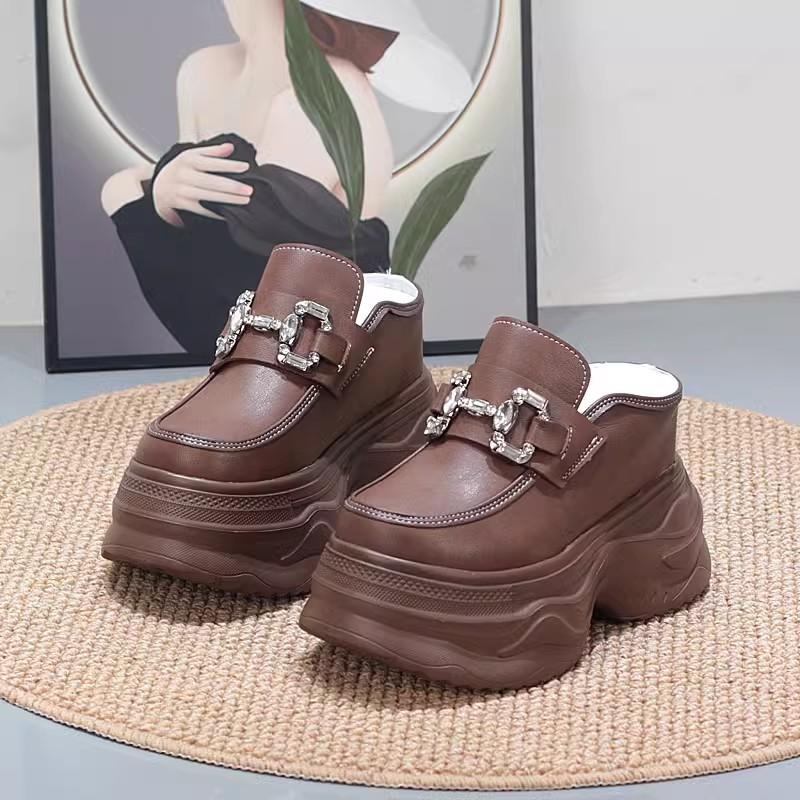 Fashion 12CM Leather Platform Wedge Slippers Round Toe Breathable Slip On Pumps Synthetic Mary Jane Flats Fashion Shoes