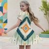 Girls Round Neck Flutter Sleeve A Line Flared Geometric Printed Dress