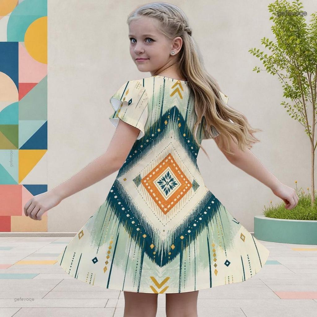 Girls Round Neck Flutter Sleeve A Line Flared Geometric Printed Dress