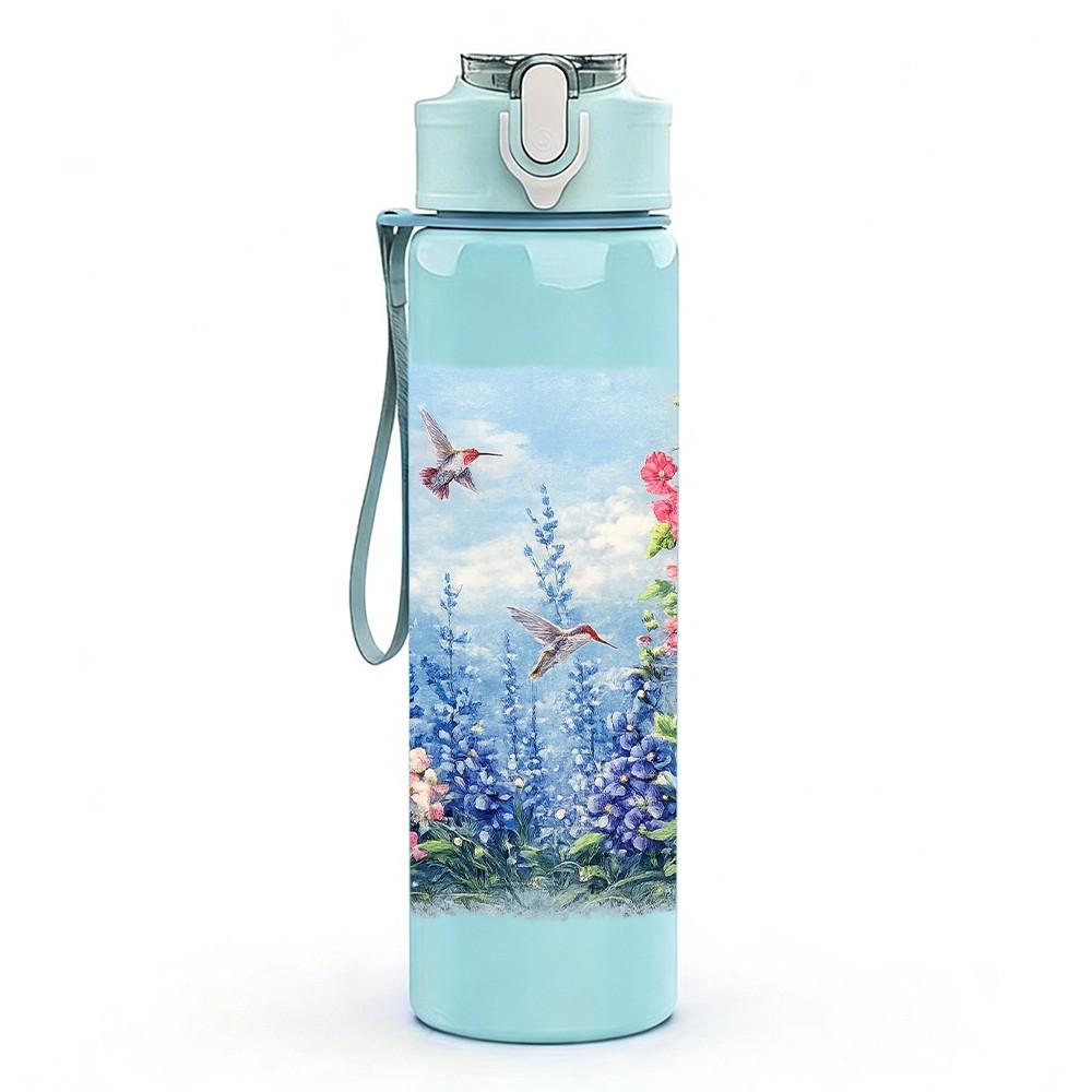 1PC Blue Wildflower Bush Watercolor Print 750ml Color Plastic Sports Water Bottle Leakproof Flip Straw Lid Suitable for Sports Office Home Use