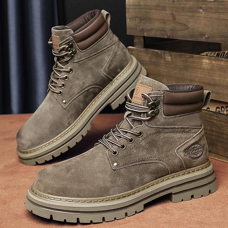 Fashion New Street Style Male Sneakers High Top Suede Leather Boots Fashion Motorcycle Ankle Boots for Men Lace-Up Leisure Walk Footwear