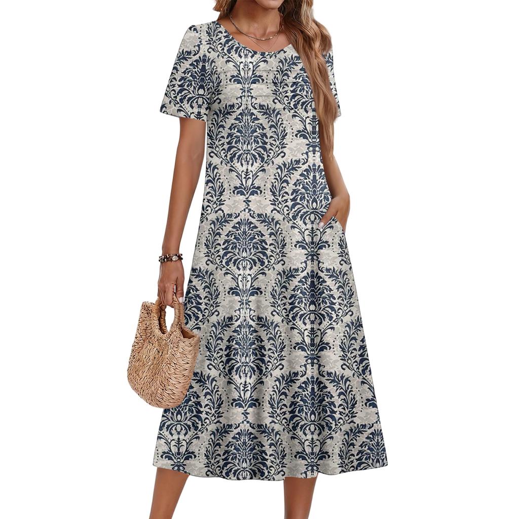 Женское повседневное и модное платье с цветочным принтом, короткими рукавами и круглым вырезом.