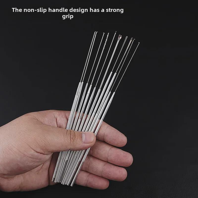 Набор инструментов для чистки ушей с алюминиевой ручкой: Большие и маленькие ложки-сверла, лопатка, ватная палочка, крючок для ушной серы, грибовидный сверло.