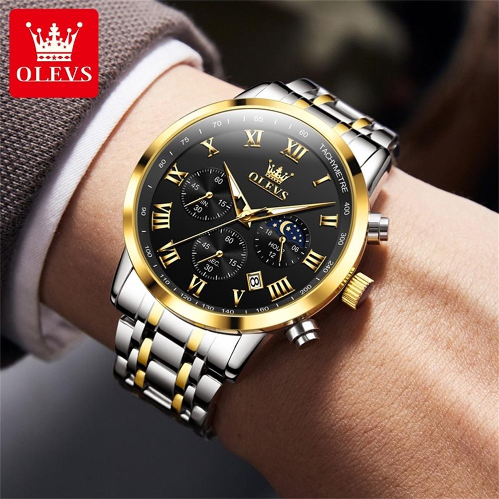 Multifunctional Men's Watches Chronograph Quartz Watch Moon Phase Calendar Luminous Waterproof Watch for Men