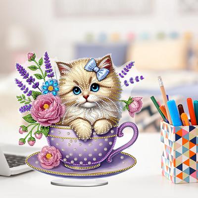 2D плоская чашка для чая кошка DIY Настольное украшение Алмазная живопись Наборы Алмазное искусство 5D DIY Настольные украшения