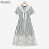 Women Casual Round Neck Summer Short Sleeve Lace Splice Dress