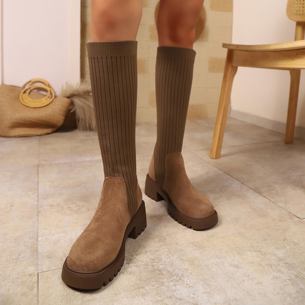 Fashion Comemore Autumn New Suede Elastic Socks Boots for Women Thick Bottom Breathable Knee High Boots Female High Heels Women Shoes