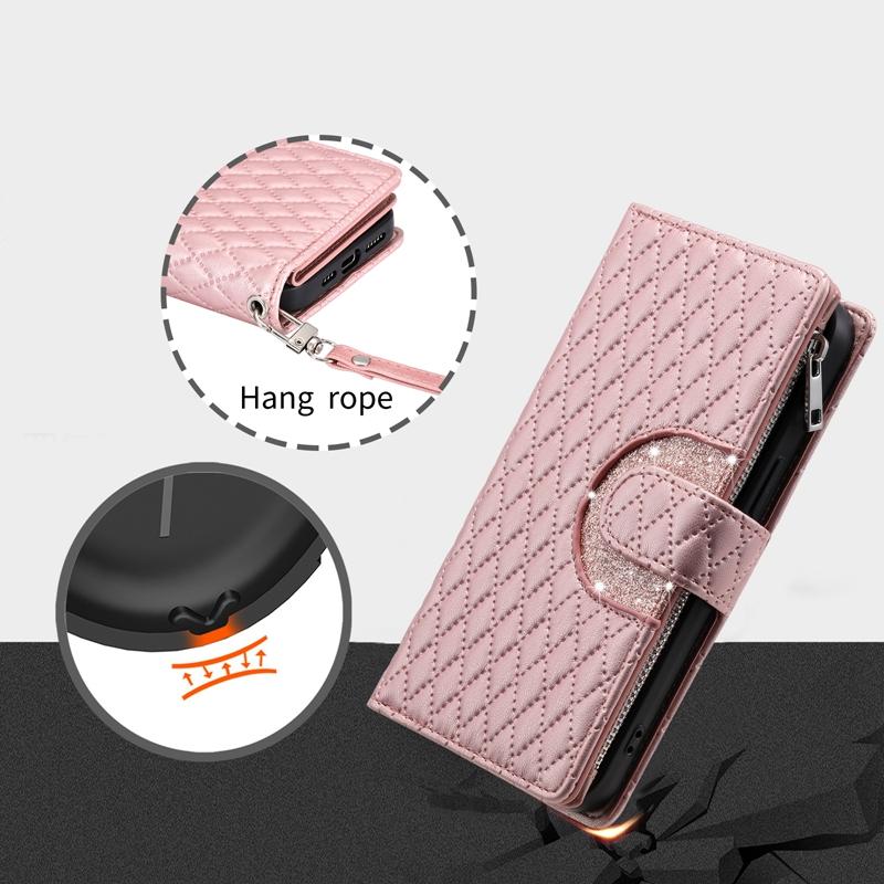 Luxury Glitter Powder Zipper Wallet Case with Card Slots for iPhone Samsung Xiaomi Redmi Google OPPO Long Strap + Short Strap Flip Leather Phone Bag