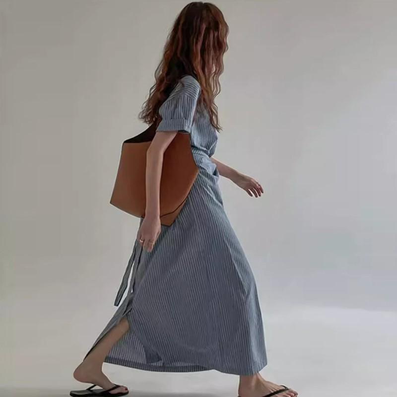 Johnature Корейские ленивые ретро полосатые платья со шнуровкой на талии летние женские свободные повседневные платья с коротким рукавом и круглым вырезом