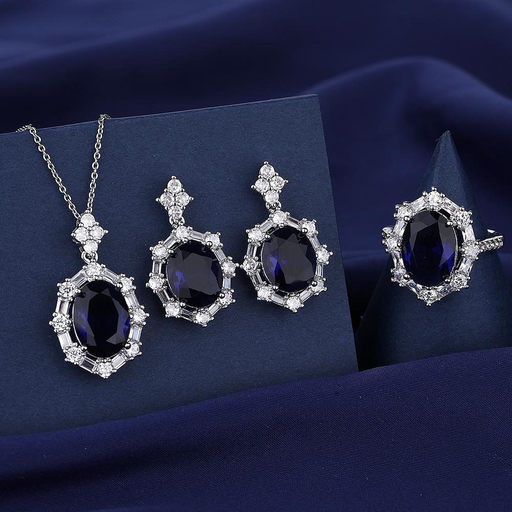 New Colorful Treasure Blue Gemstone Pigeon Egg Three-piece Luxury Set with Diamond Necklace Ring Earrings