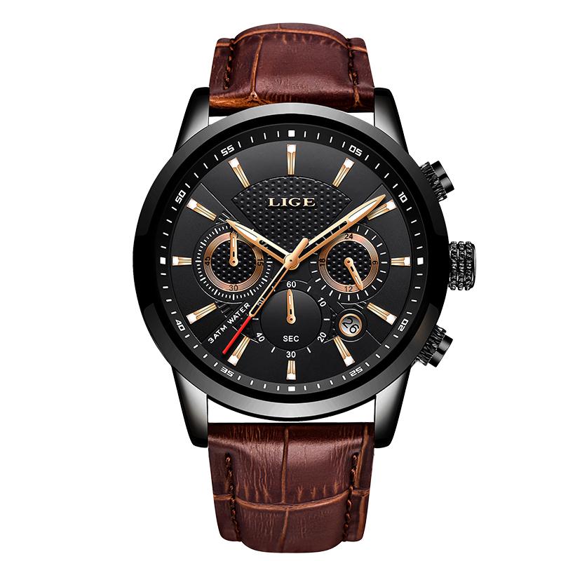 LIGE Fashion Luxury Man Watch Leather Quartz Watches for Men Business Male Clocks Casual Sport Waterproof Auto Date Chronograph