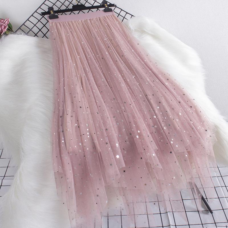 Autumn and Winter High Waist All-match Star Sequined Mesh Skirt Mid-length Long Skirts for Women Slim
