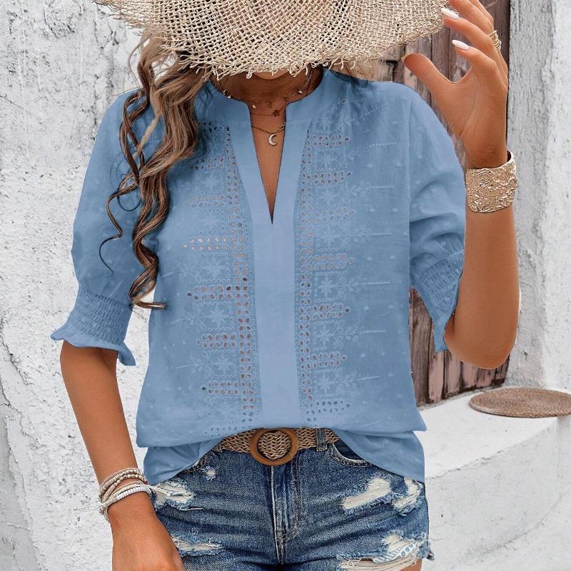 Summer Tops V-neck Puff Sleeve Hollow Lace White Shirts Women Fashion Vintage Slim Fit Elegant Women Casual Blouses Solid Simple Female Shirt 26647