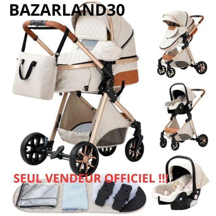 Poussette 3 en 1 Bébé Combinée Siège-Auto Nacelle Trio Réversible Réglable Haute Qualité Roues increvables. Blanc cassé