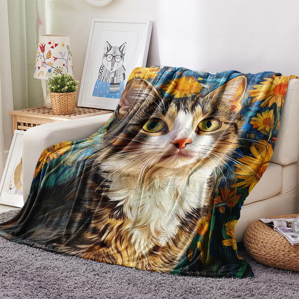 Sunflower Cat and Dog Print Flannel Blanket, High quality Comfortable for All Seasons, Home Decor, Warmth and Comfort