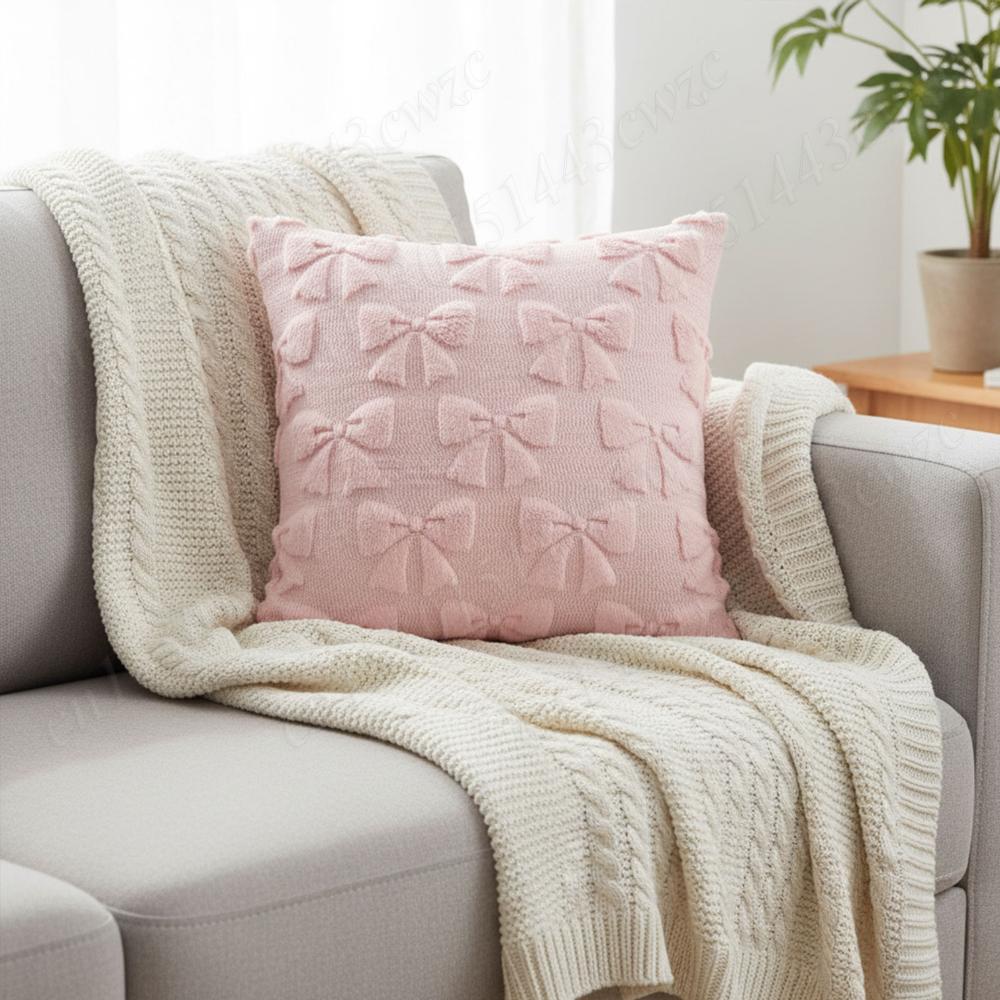 Light Pink Bow Pillow Covers Washable Soft Jacquard Throw Cushion Cover Multi-Purpose Spring Soft Plush Faux Pillowcase 18x18 In
