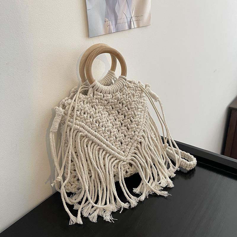 Boho Fringe Woven Bag Summer Fashion Hollowed Out Tote Pastoral Crossbody Shoulder Bag