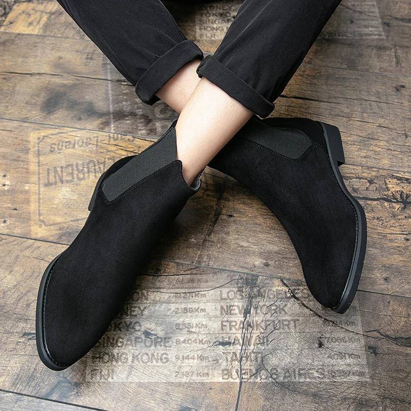 Ботинки челси мужские черные флокированные деловые с круглым носком мужские ботинки без застежек размер 38-48 мужская обувь