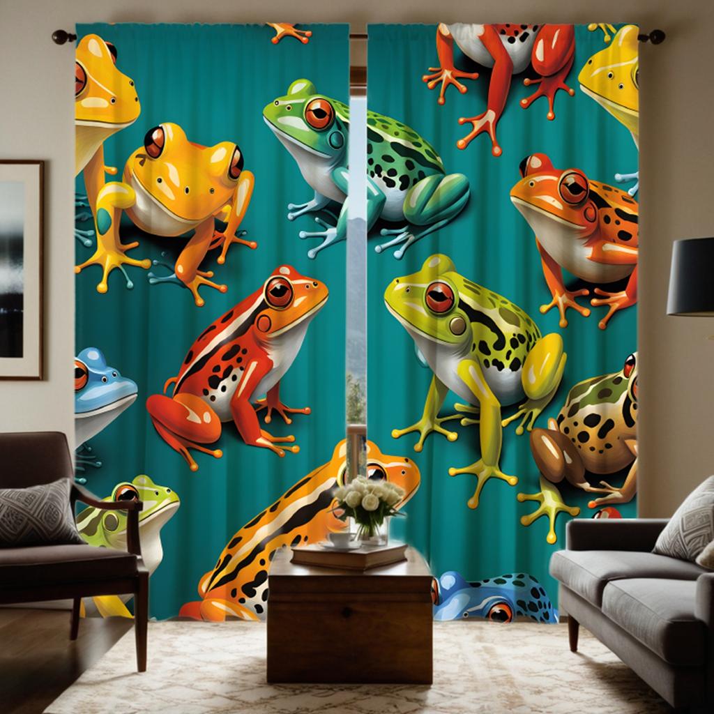2pcs HD Cute Cartoon Frog Decorative Curtain Green Tie Digital Printed Curtain Home Decoration Style Decoration Living Room B
