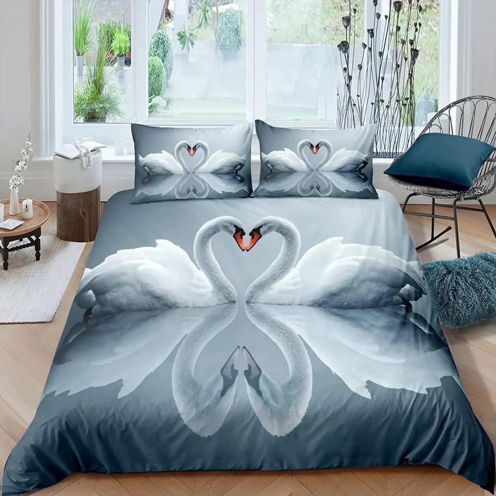 Пододеяльник с изображением лебедя, черно-белый пододеяльник с изображением лебедя, королева, птица, одеяло, чехол из микрофибры, романтический цветок, дикие животные, пододеяльник