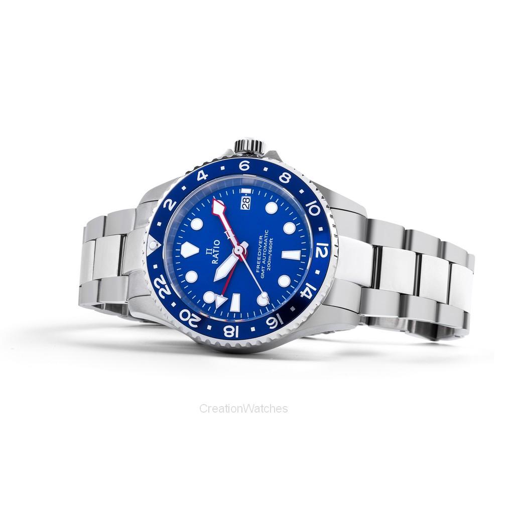 RATIO Мужские часы FreeDiver GMT Series с сапфировым стеклом из нержавеющей стали с синим циферблатом RTF053 200M