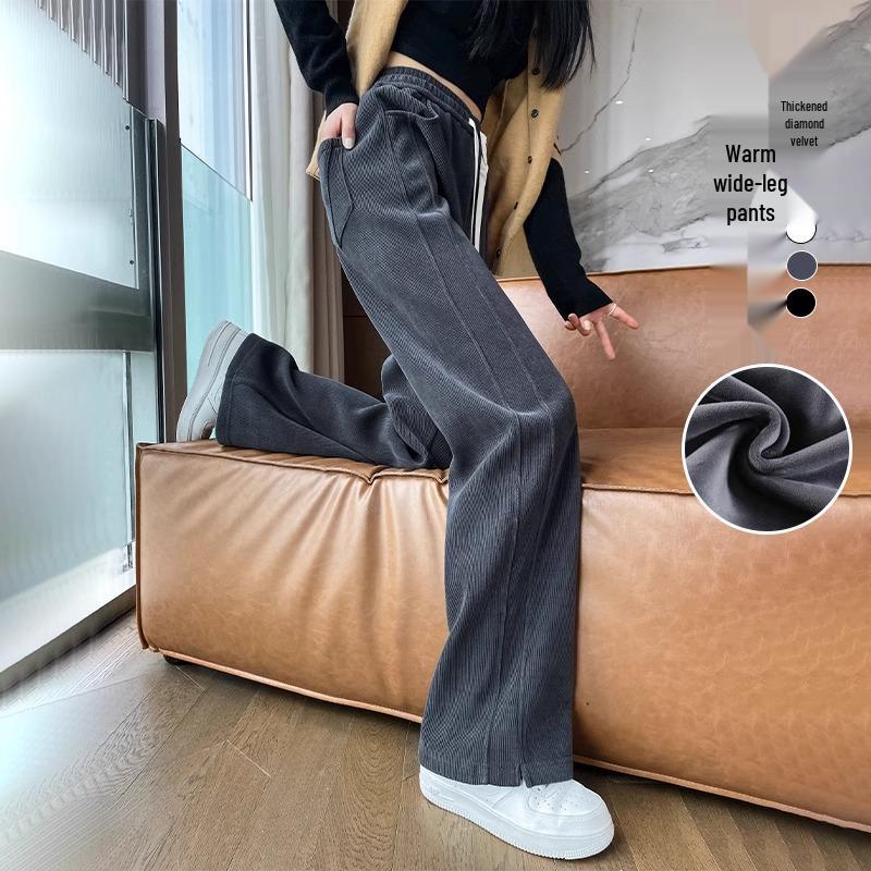 High-Waisted Fleece-Lined Wide-Leg Women's Pants for Autumn/Winter - Casual, Petite, and Straight-Leg Sports Sweatpants.