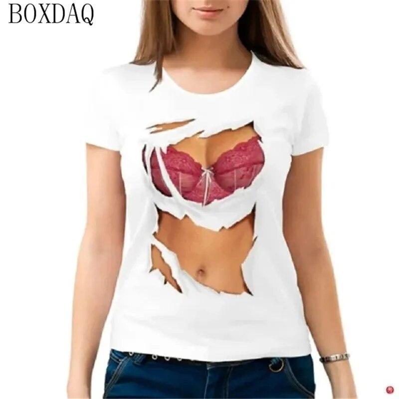Женские летние крутые футболки, сексуальная перспектива, 3D-сиськи с принтом, женская футболка с короткими рукавами, летние уличные топы с круглым вырезом и узором груди