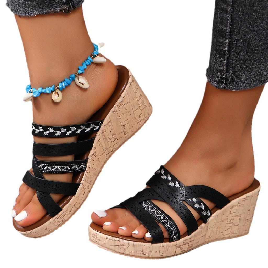 Летняя Новинка Женская Обувь Слово Пустотелая Рыбий Рот Толстая Платформа Клиновидные Сандалии Повседневные Шлепанцы