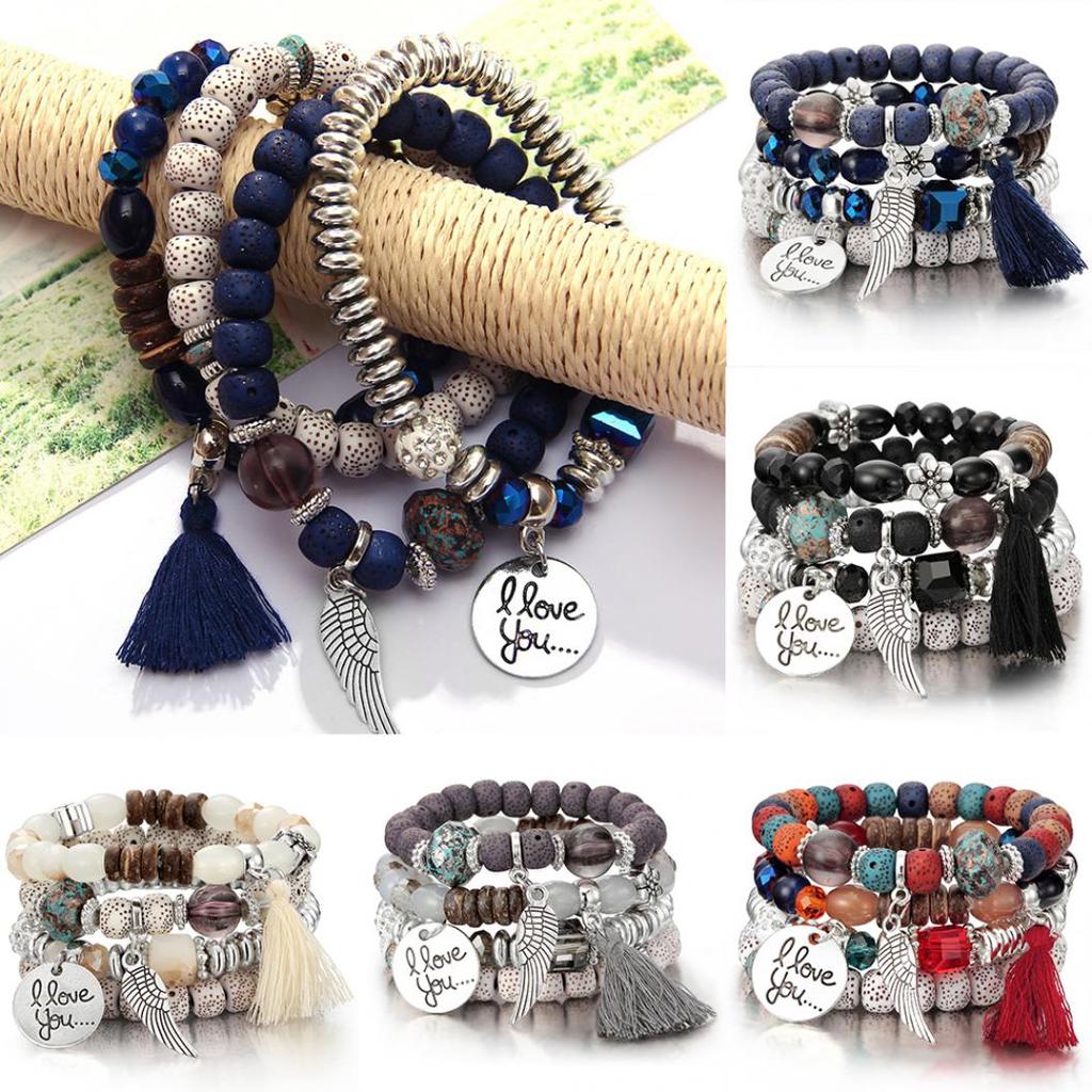 4Pcs/Set Bohemia Style Wing Beads Bracelet Women Bangle Jewelry Party Gift