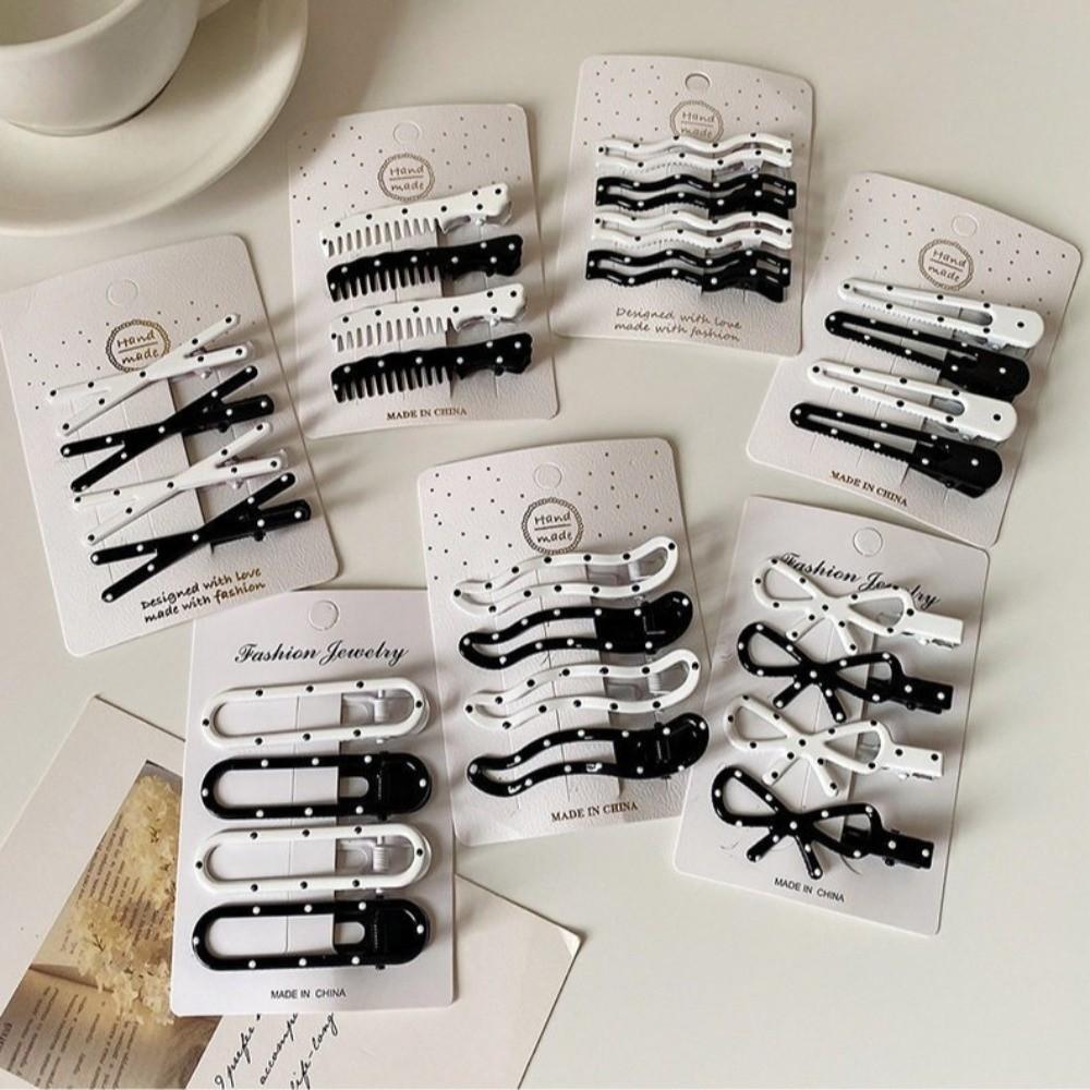 4pcs/set Black White Color Hair Clip Set Geometric Polka Dot Hair Clips For Women