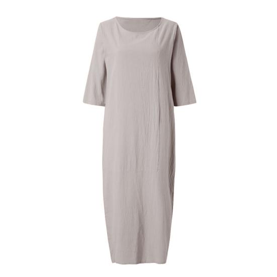 Newest Vintage Summer Women Solid Color O Neck Half Sleeve Linen Soft Loose Midi Dress
