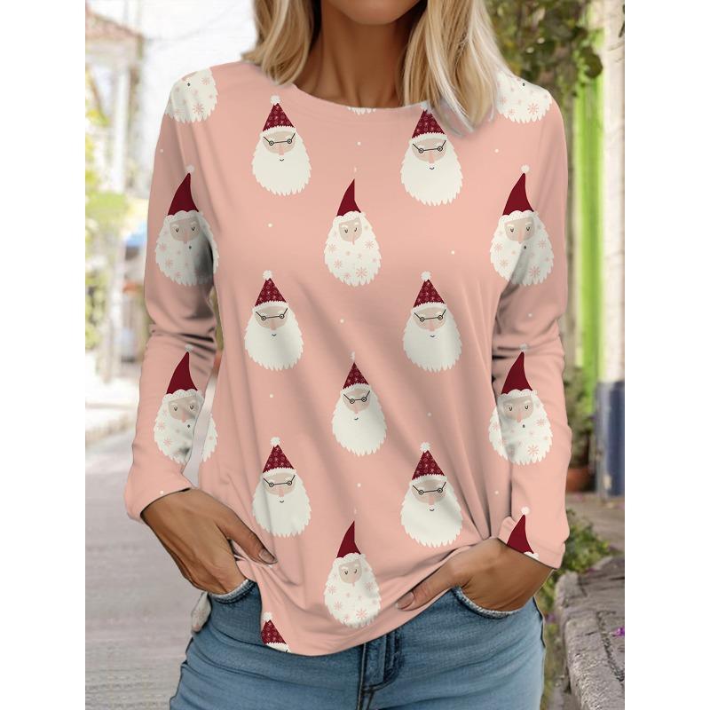 Женская футболка с длинным рукавом и рождественским принтом оленей, спортивный повседневный милый полиэстер с круглым вырезом и длинным рукавом
