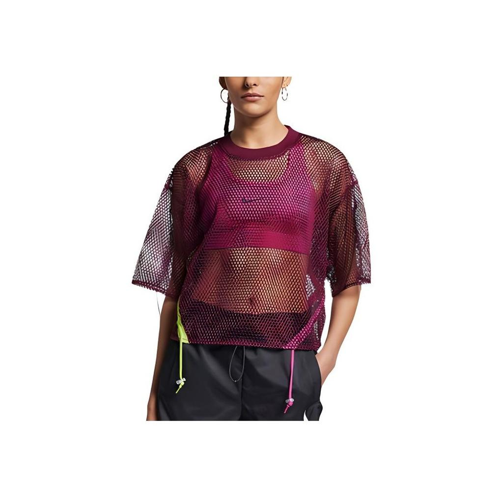 Nike Спортивная футболка с короткими рукавами и сетчатым шнурком, женские топы, бордо, AR3034-609